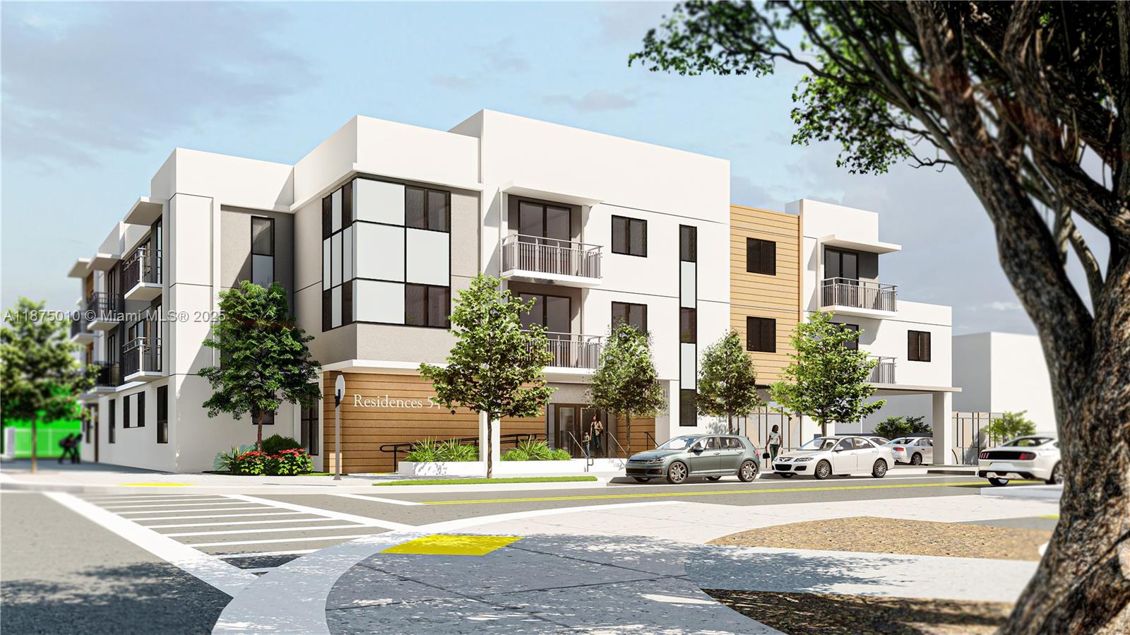 This is a digital architectural rendering of a modern multi-story residential building exterior — 1090 NW 54th St, Miami FL 33127, MIAMI, FL