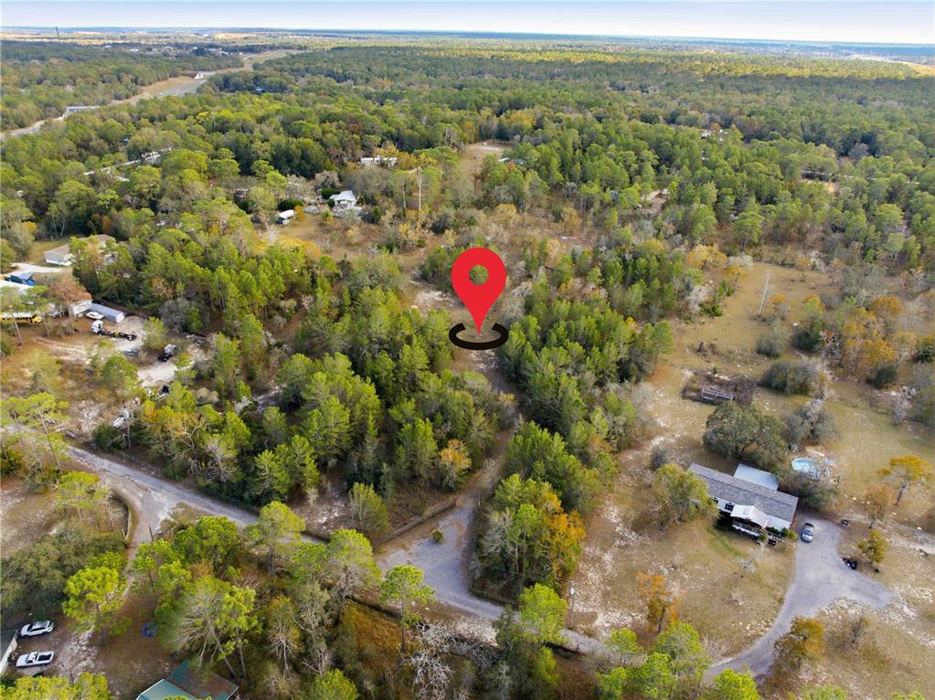 An aerial view shows a wooded lot marked with a red location pin — 0 BACKWOODS WAY, BROOKSVILLE, FL
