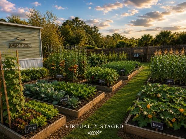 This is a virtually staged rendering of a backyard vegetable garden with raised wooden beds — 640 N Kennel St, Clewiston FL 33440, CLEWISTON, FL