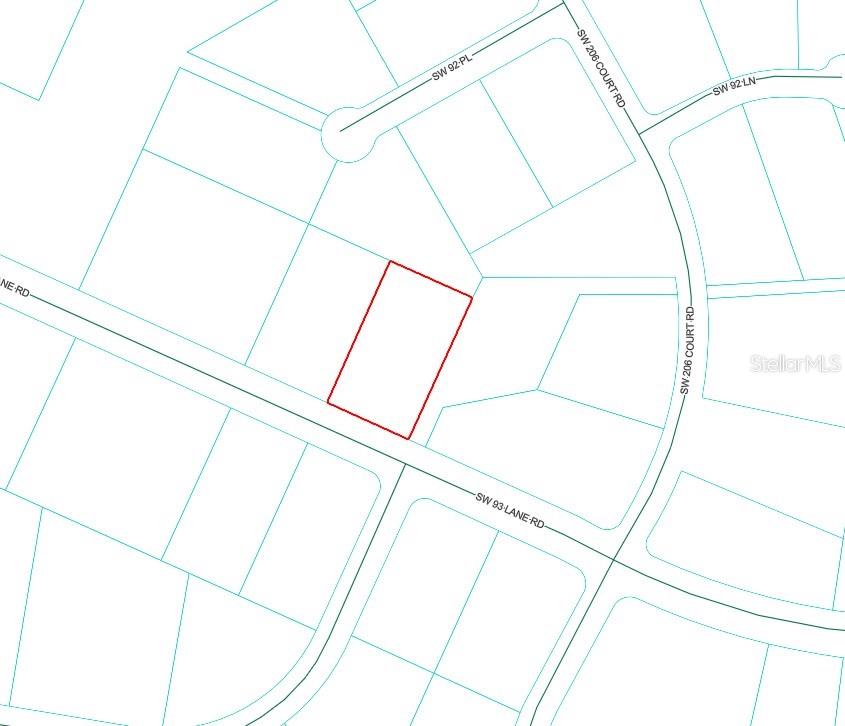 This is a map showing a rectangular property lot outlined in red — 20765 SW 93RD LANE, DUNNELLON, FL