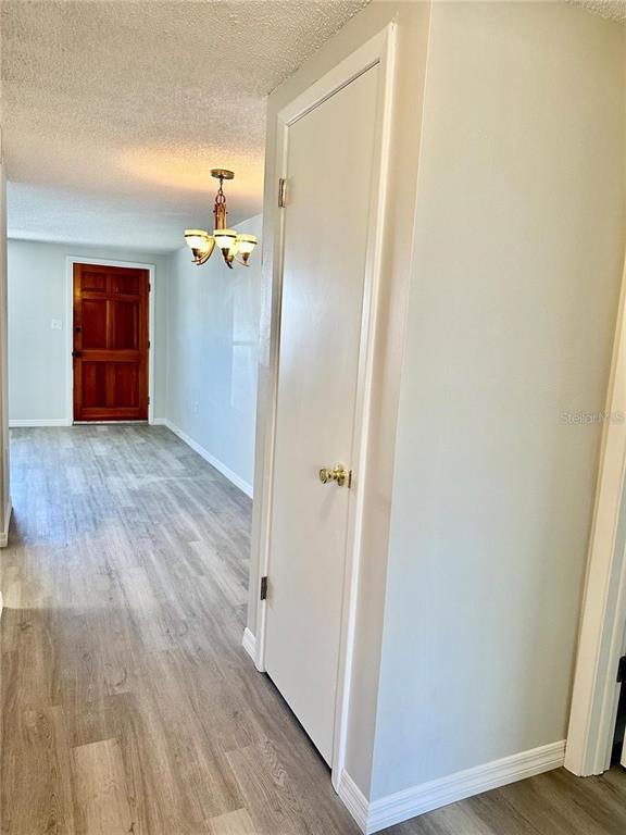 A hallway with light wood-look flooring leads to a wooden front door under a chandelier — 4930 GETNER STREET, NEW PORT RICHEY, FL