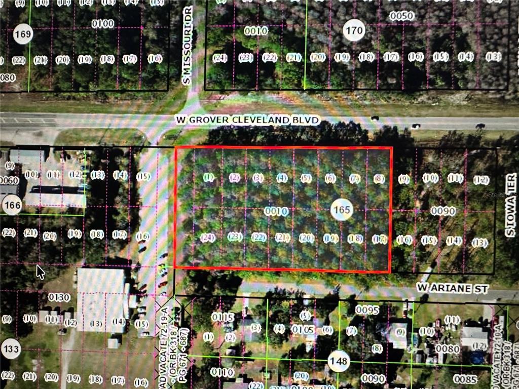 This is a map showing a rectangular parcel of land outlined in red — 4025 S MISSOURI STREET, HOMOSASSA, FL