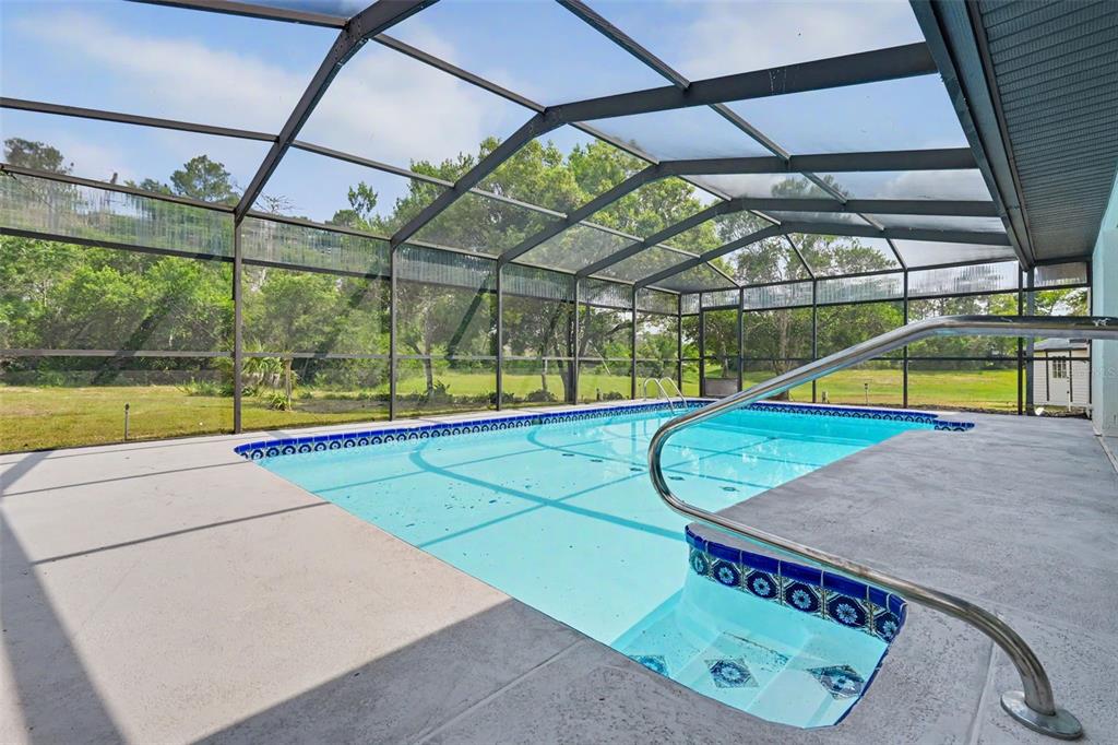 A screened-in swimming pool with a concrete deck and a view of a grassy yard — 6444 CROWLEY COURT, SPRING HILL, FL
