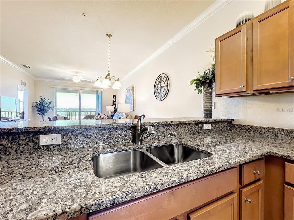 A kitchen features granite countertops, a stainless steel double sink, and wooden cabinets — 8205 GRAND ESTUARY TRAIL UNIT 403, BRADENTON, FL