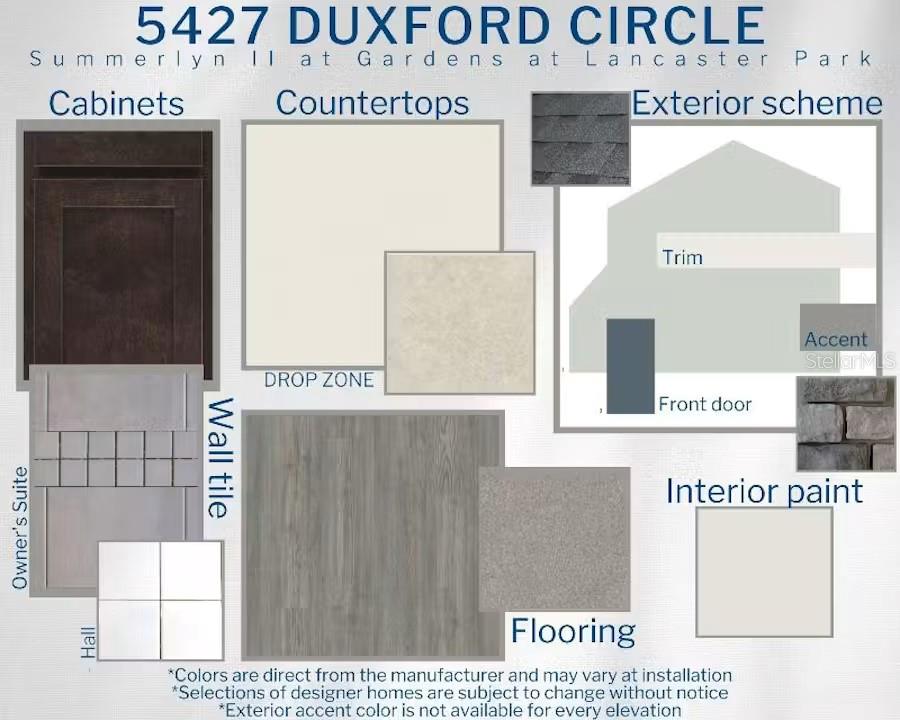 This design board displays material and color selections for a home's interior and exterior finishes — 5427 DUXFORD CIRCLE, ST CLOUD, FL