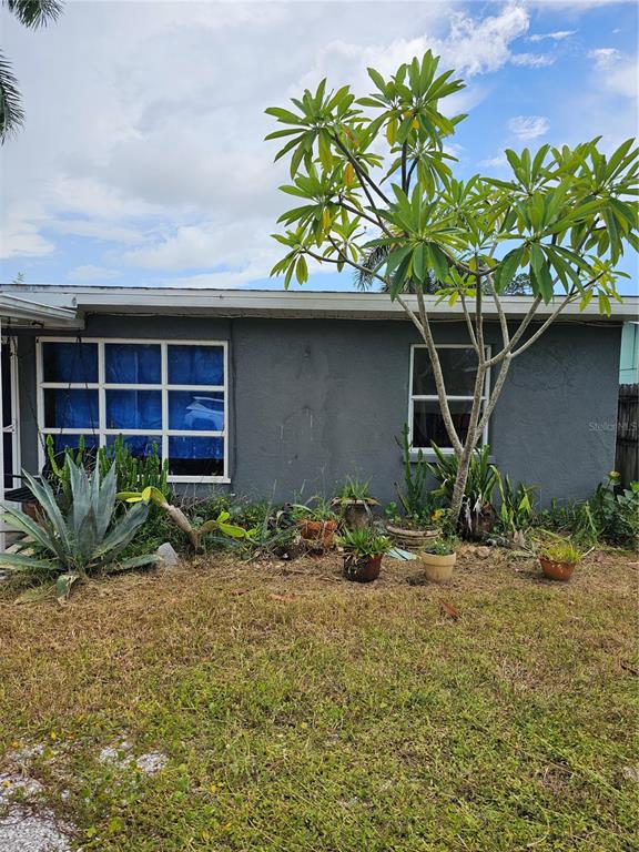A gray, single-story house exterior features a large plumeria tree and various potted plants — 105 COLONIA LANE W, NOKOMIS, FL