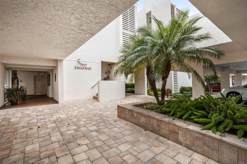 A paved courtyard features a palm tree, a raised stone planter, and a covered entryway — 7907 SAILBOAT KEY BOULEVARD S UNIT 205, SOUTH PASADENA, FL