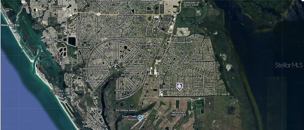 This is an aerial map view of the Rotonda West community and surrounding areas — 10884 MCALESTER CIRCLE, PORT CHARLOTTE, FL