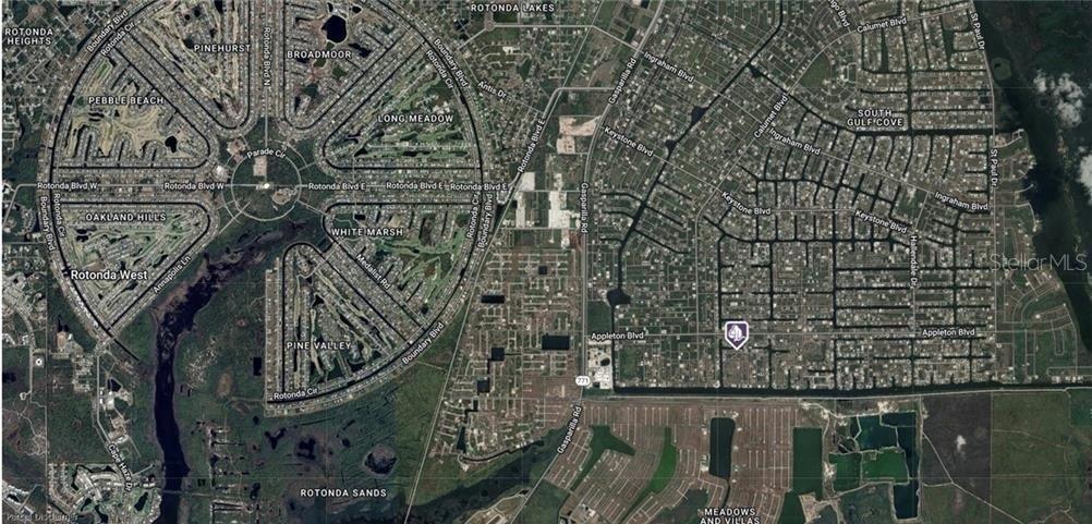 This is an aerial map showing the Rotonda West and South Gulf Cove residential areas — 10884 MCALESTER CIRCLE, PORT CHARLOTTE, FL