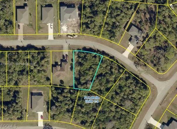 This is an aerial map showing a vacant, wooded residential lot outlined in light blue — 5073 WILD GOOSE CIR, La Belle FL 33935, LA BELLE, FL