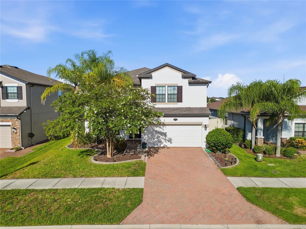 A two-story suburban house with a brick driveway, a white garage, and a large tree — 1806 NATURE VIEW DRIVE, LUTZ, FL