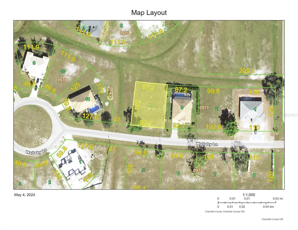 This is a map layout showing residential lots and property boundaries along Wallaby Lane — 24508 WALLABY LANE, PUNTA GORDA, FL