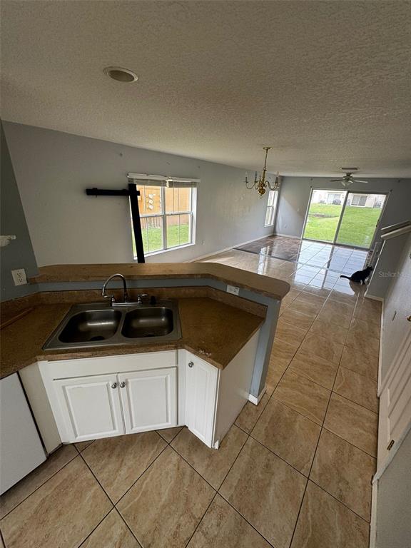 A kitchen with a double sink and white cabinets overlooks an open-concept living area — 6913 MARBLE FAWN PLACE, RIVERVIEW, FL