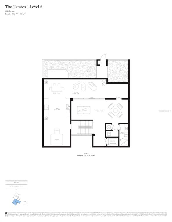 This is a floor plan for a one-bathroom residential unit labeled The Estates 1 Level 3 — 3015 S YSABELLA AVENUE UNIT TH4, TAMPA, FL