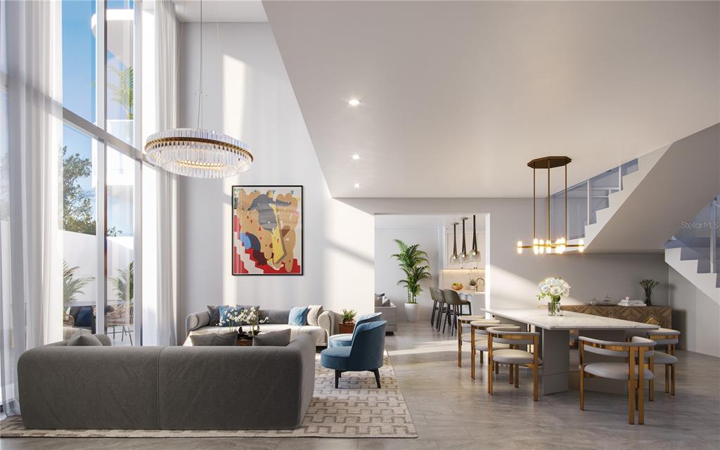 This is a rendering of a modern open-concept living and dining area with high ceilings — 3015 S YSABELLA AVENUE UNIT TH4, TAMPA, FL