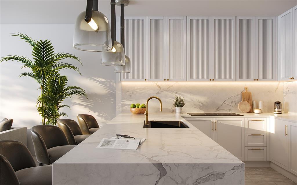 This rendering shows a modern kitchen with a marble waterfall island, gold faucet, and cabinetry — 3015 S YSABELLA AVENUE UNIT TH4, TAMPA, FL