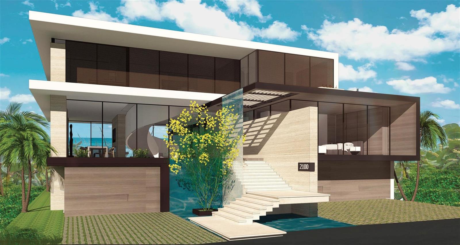 This architectural rendering shows a modern two-story house with a glass facade and water feature — 2100 Bay Drive, Pompano Beach FL 33062, POMPANO BEACH, FL