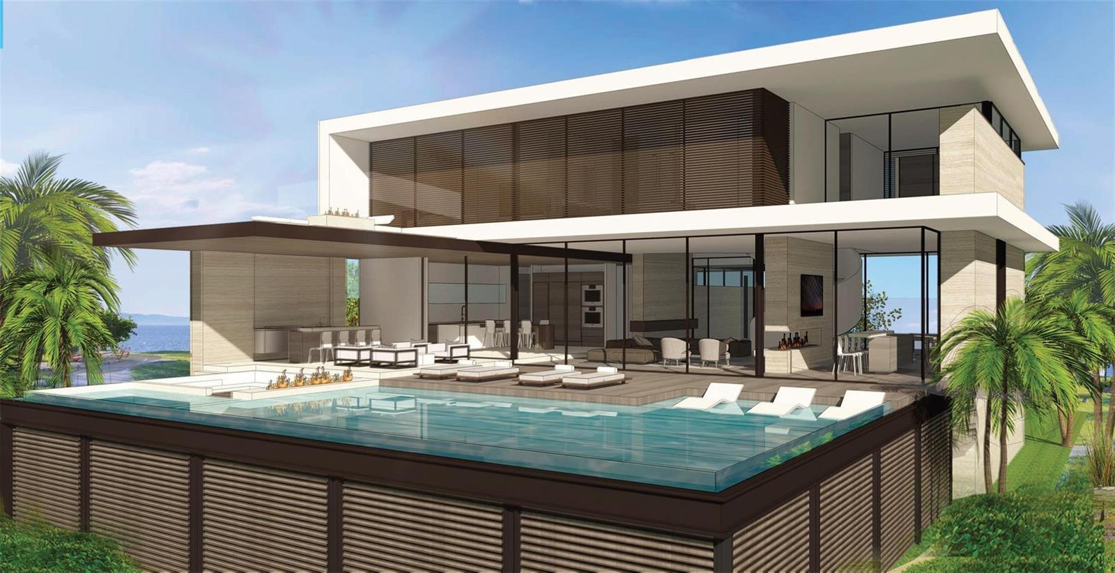 A rendering of a modern two-story luxury home featuring an infinity pool and outdoor patio — 2100 Bay Drive, Pompano Beach FL 33062, POMPANO BEACH, FL