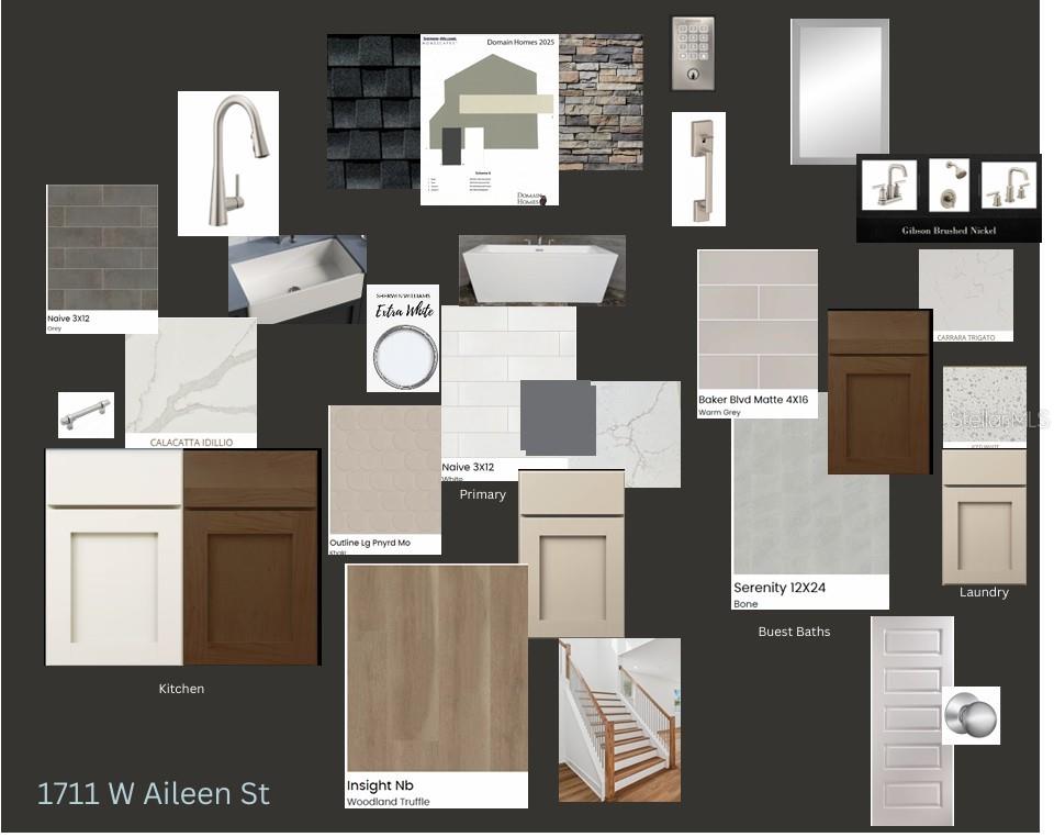 This design board displays various interior finish samples, including cabinetry, tile, flooring, and plumbing fixtures — 1711 W AILEEN STREET, TAMPA, FL