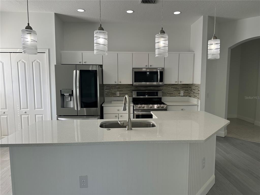 A kitchen features white cabinets, stainless steel appliances, and a quartz-topped island with a sink — 24712 PORTOFINO DRIVE, LUTZ, FL