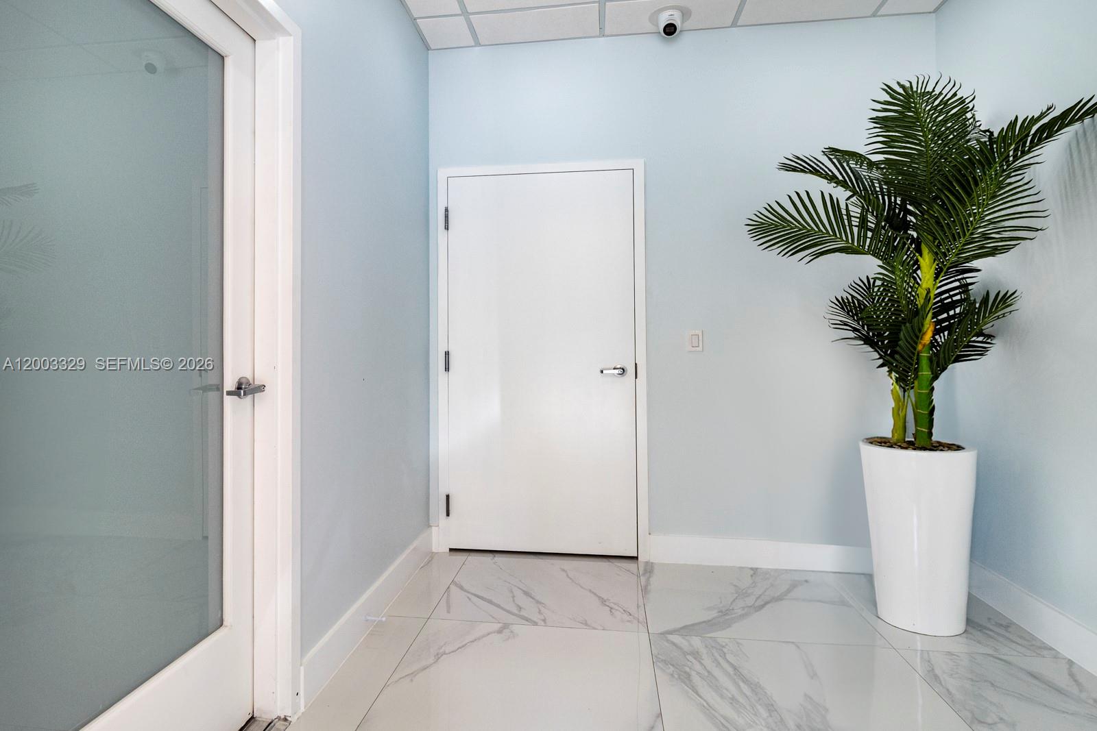 A white door and a potted palm tree stand in a room with marble floors — 6141 Sunset Dr # 102, South Miami FL 33143, SOUTH MIAMI, FL