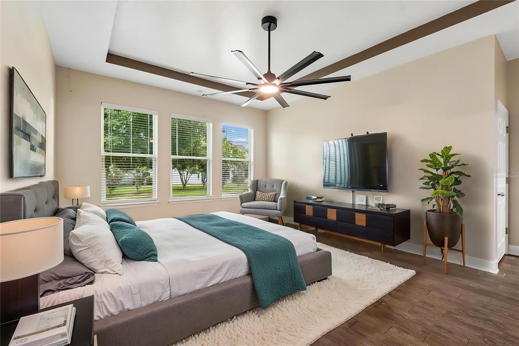 A bedroom features a tray ceiling, a large ceiling fan, and a wall-mounted television — 4930 BUTLER NATIONAL DRIVE, WESLEY CHAPEL, FL