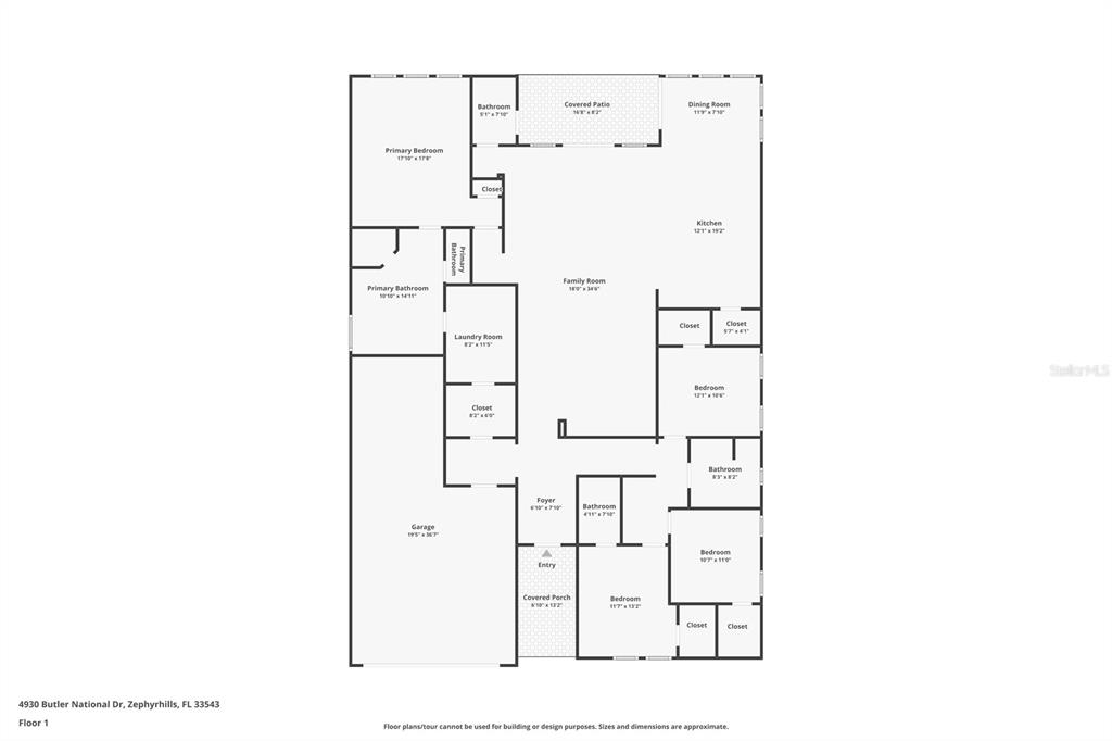 This is a floor plan of a single-story house featuring four bedrooms and a garage — 4930 BUTLER NATIONAL DRIVE, WESLEY CHAPEL, FL