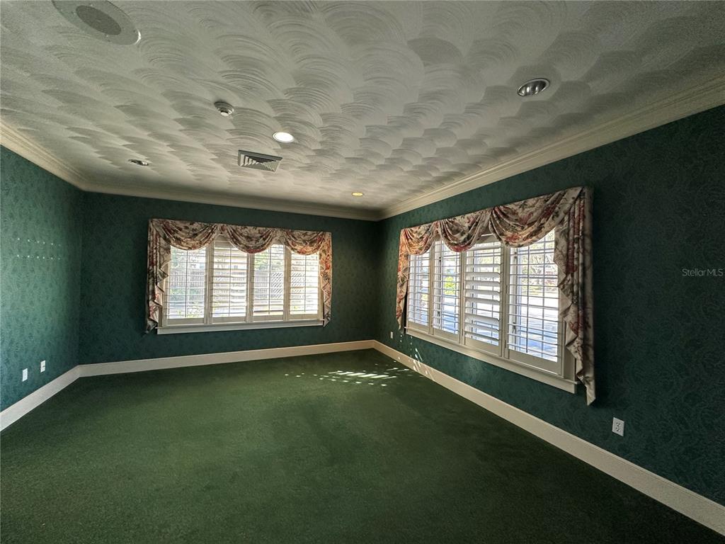 A room with green carpet, patterned wallpaper, white crown molding, and two windows with shutters — 1005 PINELLAS STREET, CLEARWATER, FL