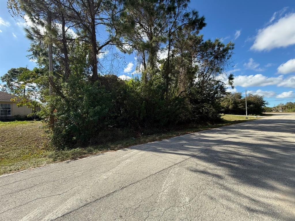 A vacant, overgrown lot sits beside a paved road under a blue sky — 3315 24TH STREET W, LEHIGH ACRES, FL
