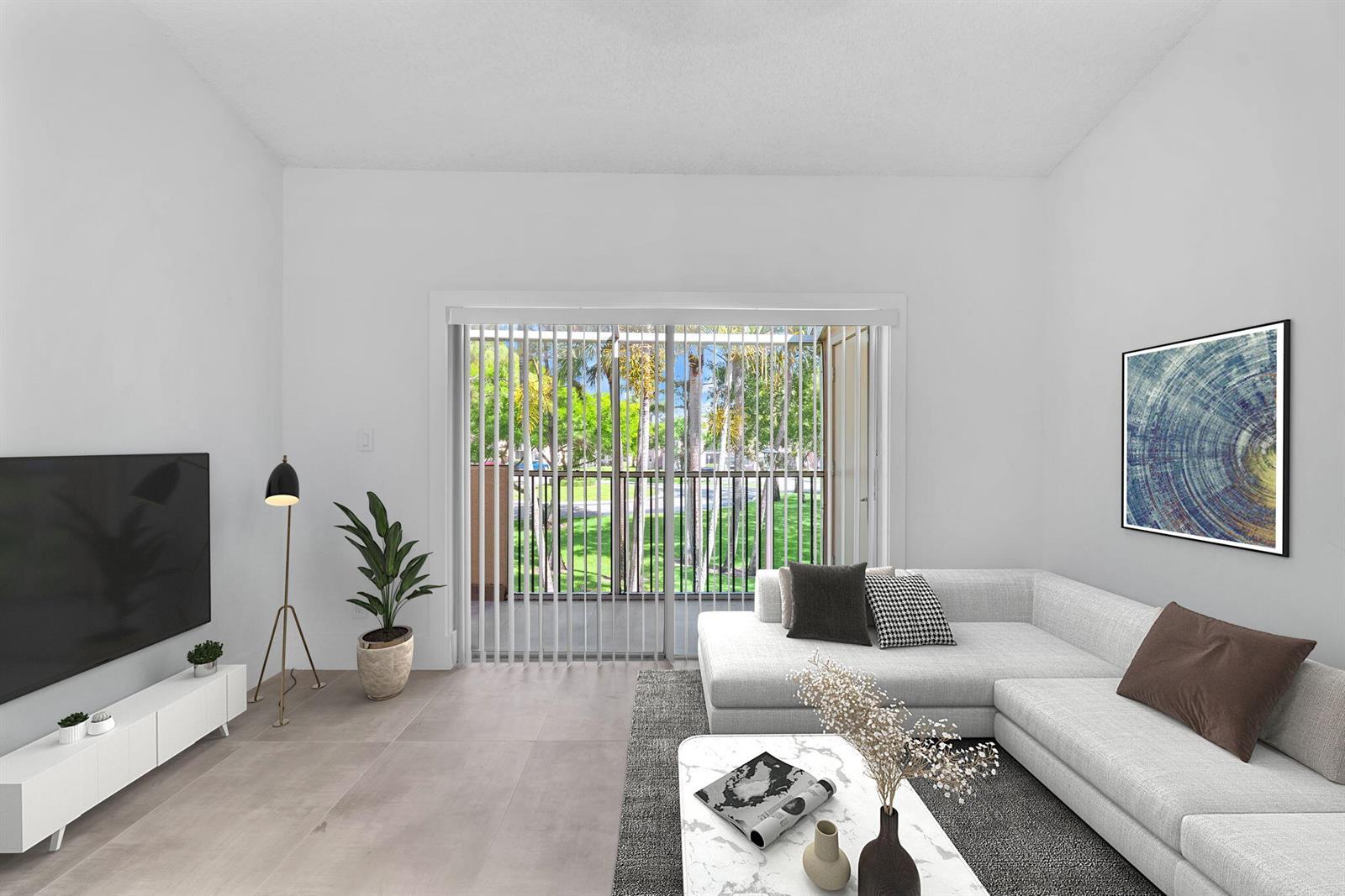 This is a digital rendering of a living room with a sectional sofa and balcony — 671 Cypress Lake Boulevard # L21, Deerfield Beach FL 33064, DEERFIELD BEACH, FL