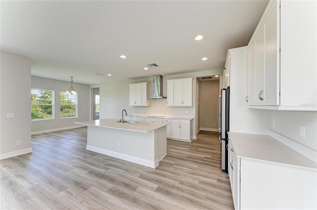 A modern kitchen features white cabinets, a central island, and light wood-look flooring — 9723 SURREY ROSE DRIVE, SAN ANTONIO, FL
