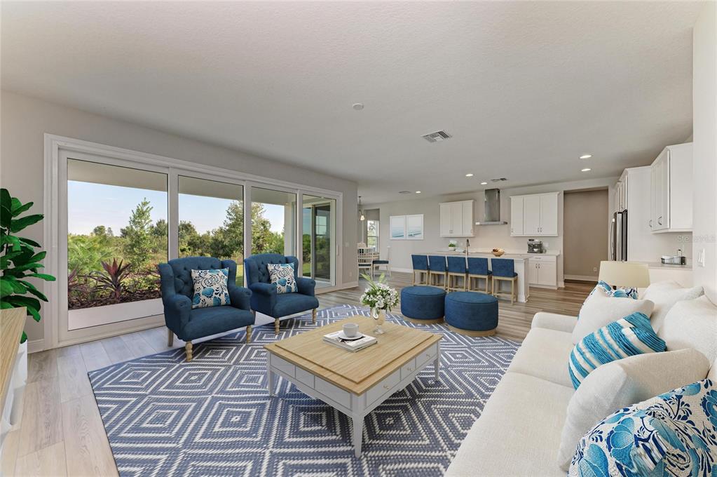 An open-concept living room and kitchen feature blue accent furniture, a geometric rug, and sliding doors — 9723 SURREY ROSE DRIVE, SAN ANTONIO, FL