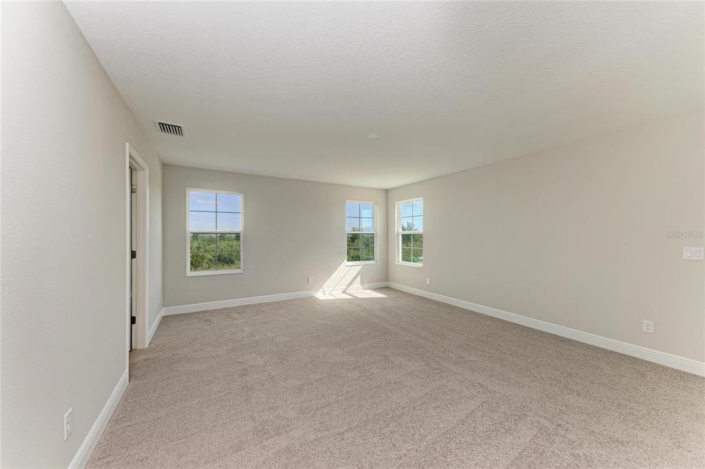 An empty bedroom features beige carpeting, neutral walls, and three windows overlooking a landscape — 9723 SURREY ROSE DRIVE, SAN ANTONIO, FL