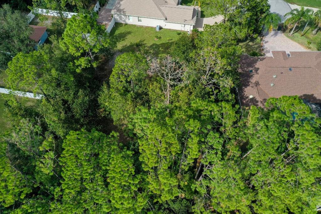 An aerial view shows a wooded lot situated between two residential houses — 18 WATERMILL PLACE, PALM COAST, FL