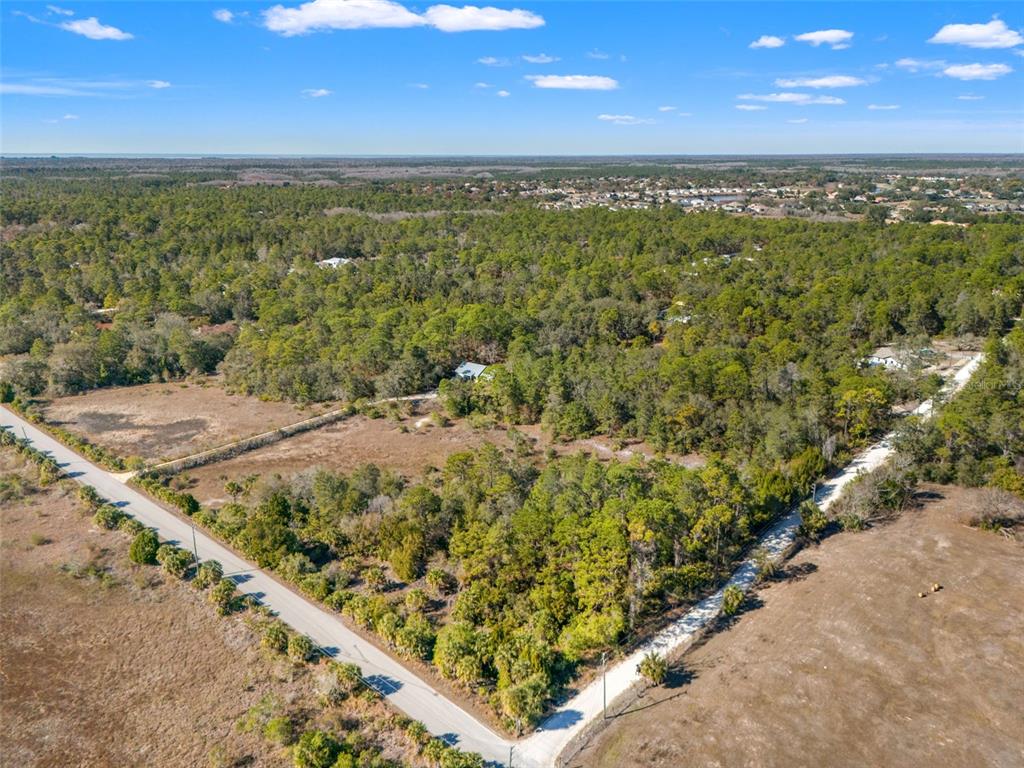 An aerial view shows a wooded lot bordered by two roads in a rural area — LONG LAKE AVENUE, WEEKI WACHEE, FL