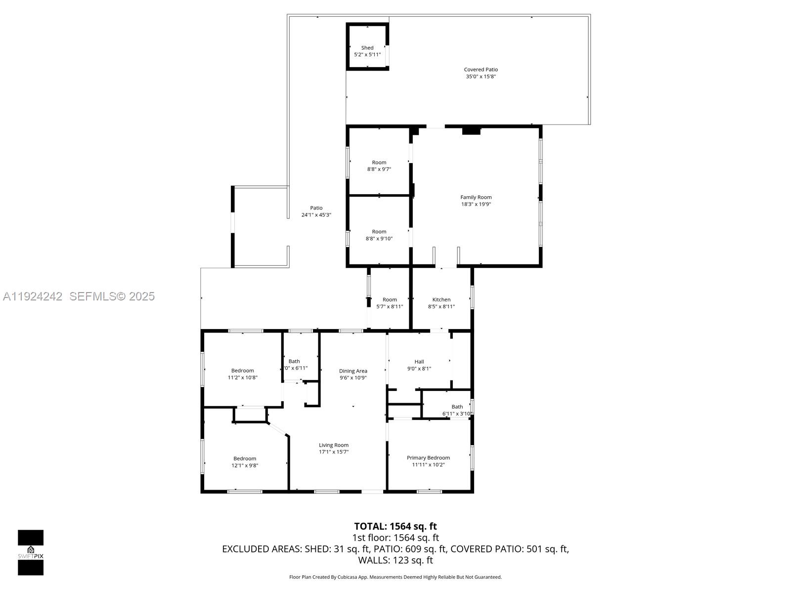 This is a floor plan of a single-story house with three bedrooms and a patio — 6404 Evans St, Hollywood FL 33024, HOLLYWOOD, FL