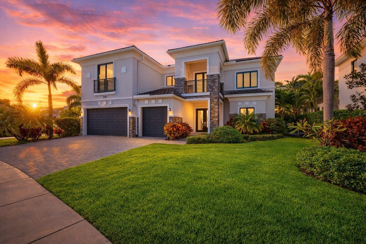 A two-story suburban house with a paved driveway, a green lawn, and palm trees — 6980 NW 28th Avenue, Boca Raton FL 33496, BOCA RATON, FL