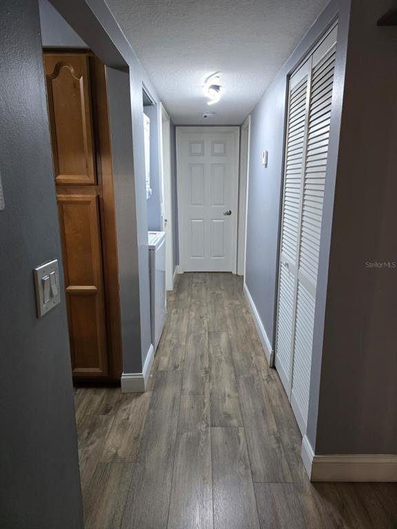 A hallway features wood-look flooring, gray walls, a white door, and louvered closet doors — 1624 S PINE RIDGE UNIT D2, SANFORD, FL