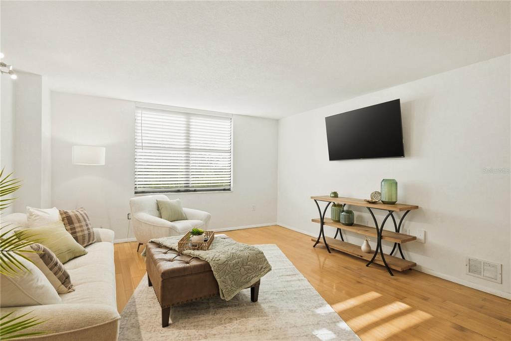 A living room features a sofa, an armchair, a leather ottoman, and a wall-mounted television — 701 S MADISON AVENUE UNIT 420, CLEARWATER, FL