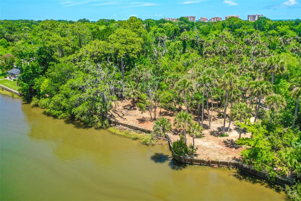 An aerial view shows a wooded waterfront lot with a bulkhead along the shoreline — 4400 N OCEAN SHORE BOULEVARD, PALM COAST, FL
