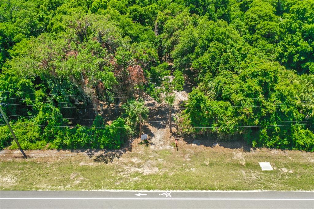 An aerial view shows a wooded lot with a dirt path behind a paved road — 4400 N OCEAN SHORE BOULEVARD, PALM COAST, FL