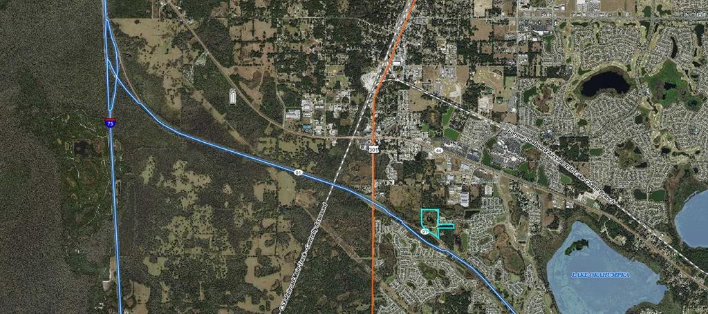 This is an aerial map showing a highlighted property parcel near Lake Okahumpka — 4102 COUNTY ROAD 181, WILDWOOD, FL