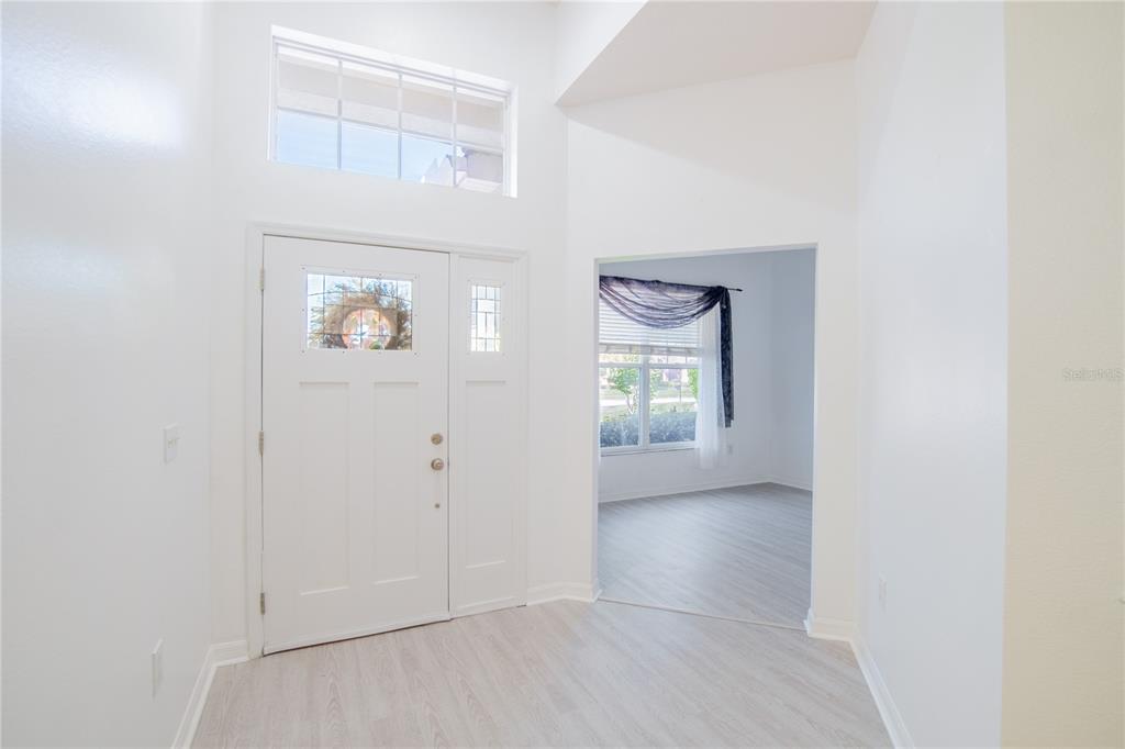 A bright dining and living area features light wood floors, a tray ceiling, and furniture — 4810 WATER LARK WAY, VALRICO, FL