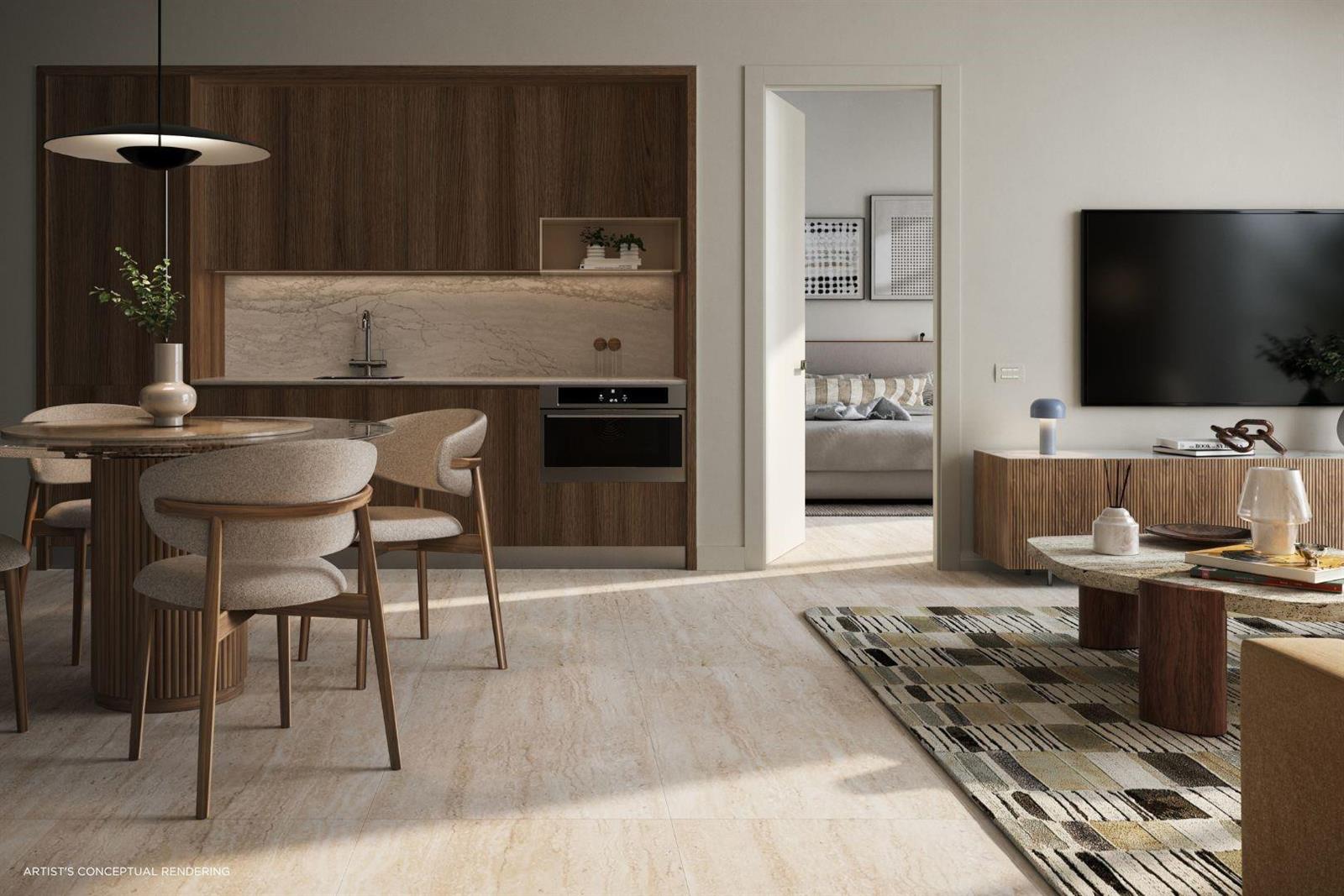 This artist's conceptual rendering shows a modern open-plan kitchen, dining area, and living room — 1611 SW 2nd Avenue # 803, Miami FL 33129, MIAMI, FL