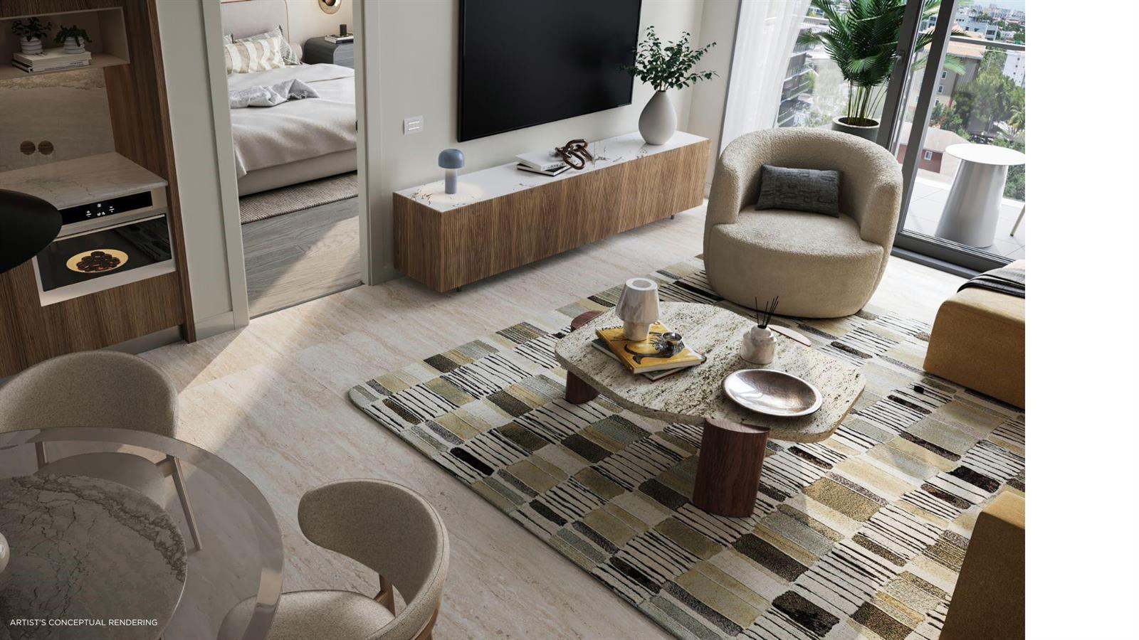 This rendering shows a modern living room featuring a patterned rug, textured armchair, and television — 1611 SW 2nd Avenue # 803, Miami FL 33129, MIAMI, FL
