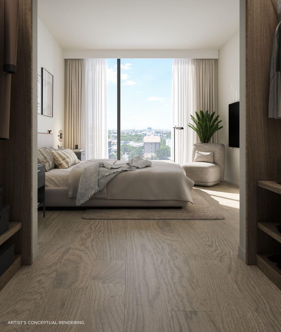 This artist's conceptual rendering shows a modern bedroom with light wood floors and floor-to-ceiling windows — 1611 SW 2nd Avenue # 803, Miami FL 33129, MIAMI, FL
