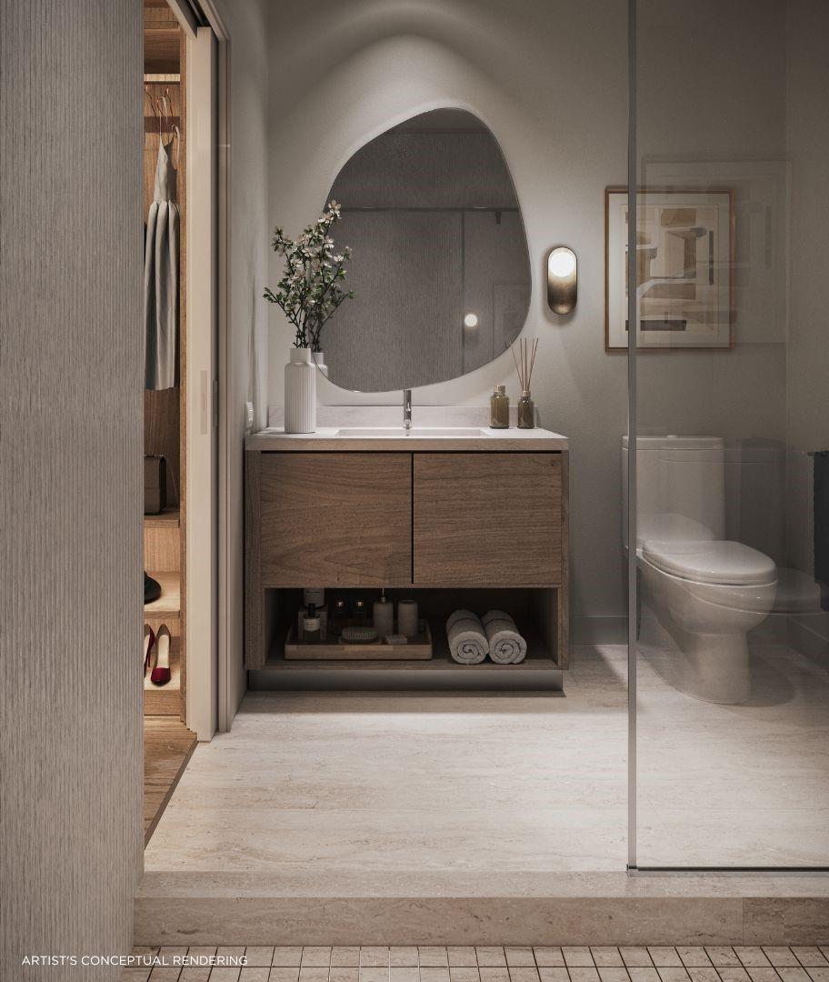 This artist's conceptual rendering shows a modern bathroom with a wood vanity and organic mirror — 1611 SW 2nd Avenue # 803, Miami FL 33129, MIAMI, FL
