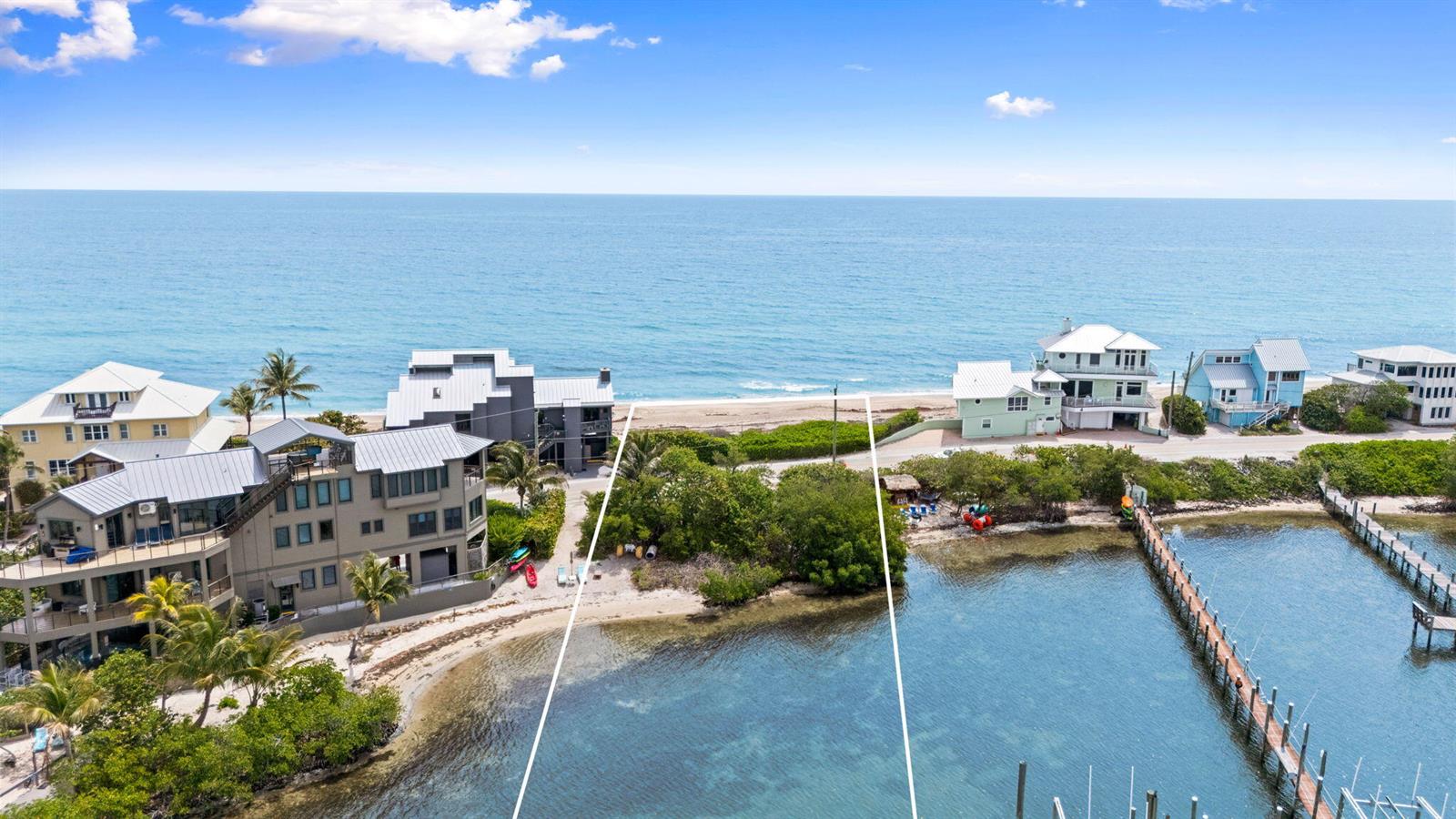 An aerial view shows a vacant waterfront lot situated between two houses near the ocean — 918 SE Macarthur Boulevard, Stuart FL 34996, STUART, FL