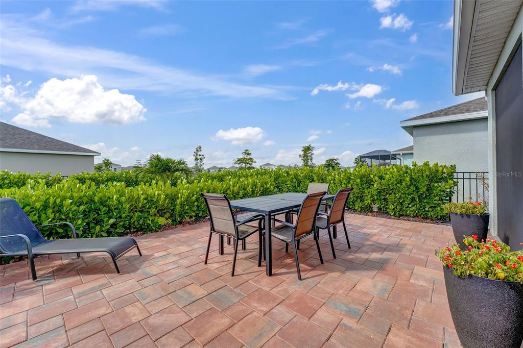 A patio with a dining set, a lounge chair, and potted plants overlooks a neighborhood — 16711 ELKHORN CORAL DRIVE, NORTH FORT MYERS, FL