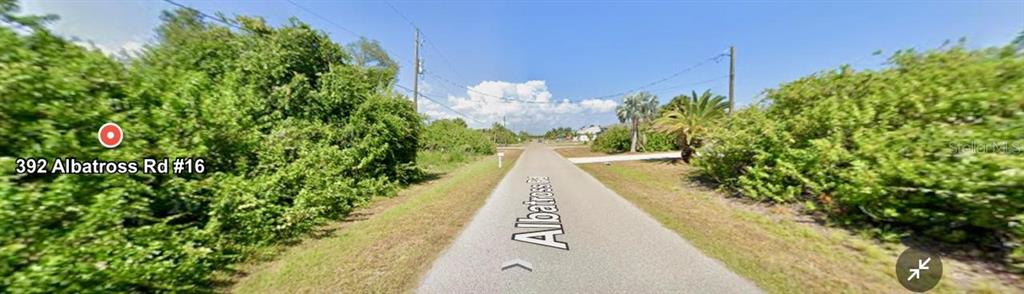 A paved road stretches into the distance, flanked by dense green bushes and palm trees — 392 ALBATROSS ROAD, ROTONDA WEST, FL